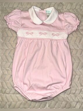 Little Threads "Bows Again Romper" made from 100% Pima cotton, size 12 mos, EUC